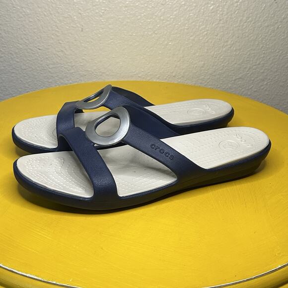 Crocs Sanrah Blue Silver Circle Slide Slip On Casual Comfort Women’s Size 10 - Picture 1 of 14
